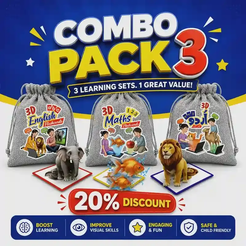 Combo Pack 3 3D AR Flashcards English Maths Urdu Learning Set for Kids